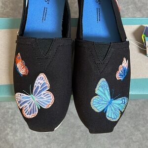 NWT - Toms Alpargata Black Butterfly Embroidery Slip-on Canvas Shoes - Size 7.5